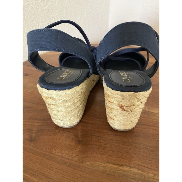 Ralph Lauren Sandals Womens 7 Caralee Espadrille Wedge Slingback Navy Fabric - Picture 4 of 5